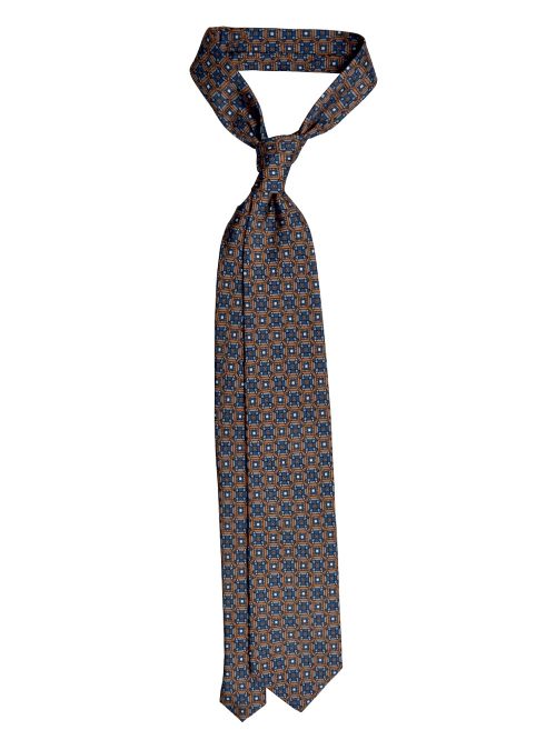 Our MEDALLION blu orange silk printed tie.