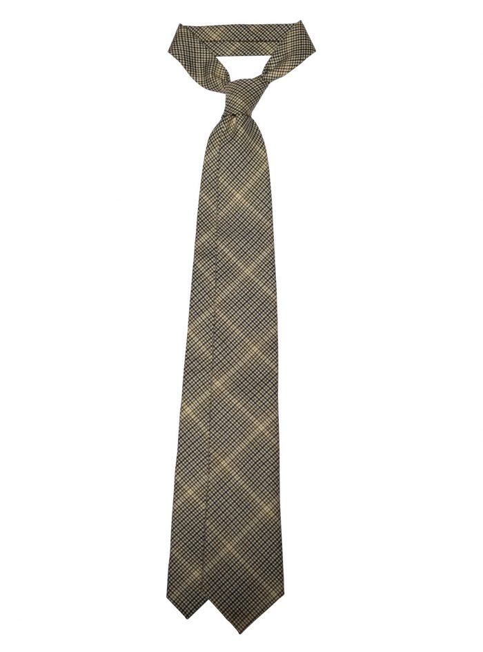 BLIGNY  ivory/blu/brown houndstooth checkered wool-cashmere tie